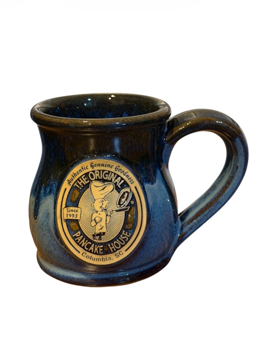 THE ORIGINAL PANCAKE HOUSE Hand-Thrown Mug Navy Blue Drip DENEEN POTTERY